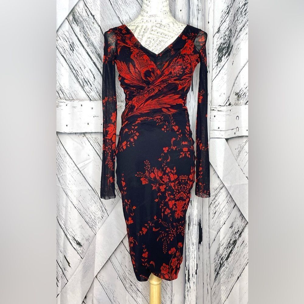 FUZZI DRESS Faux Wrap Sheer Sleeves Floral Black Red Small